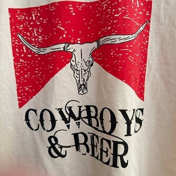 Cowboys & Beer Western Graphic T-Shirt Beige‎ Tan Bull Skull Sz M Country  Rodeo - Picture 3 of 6